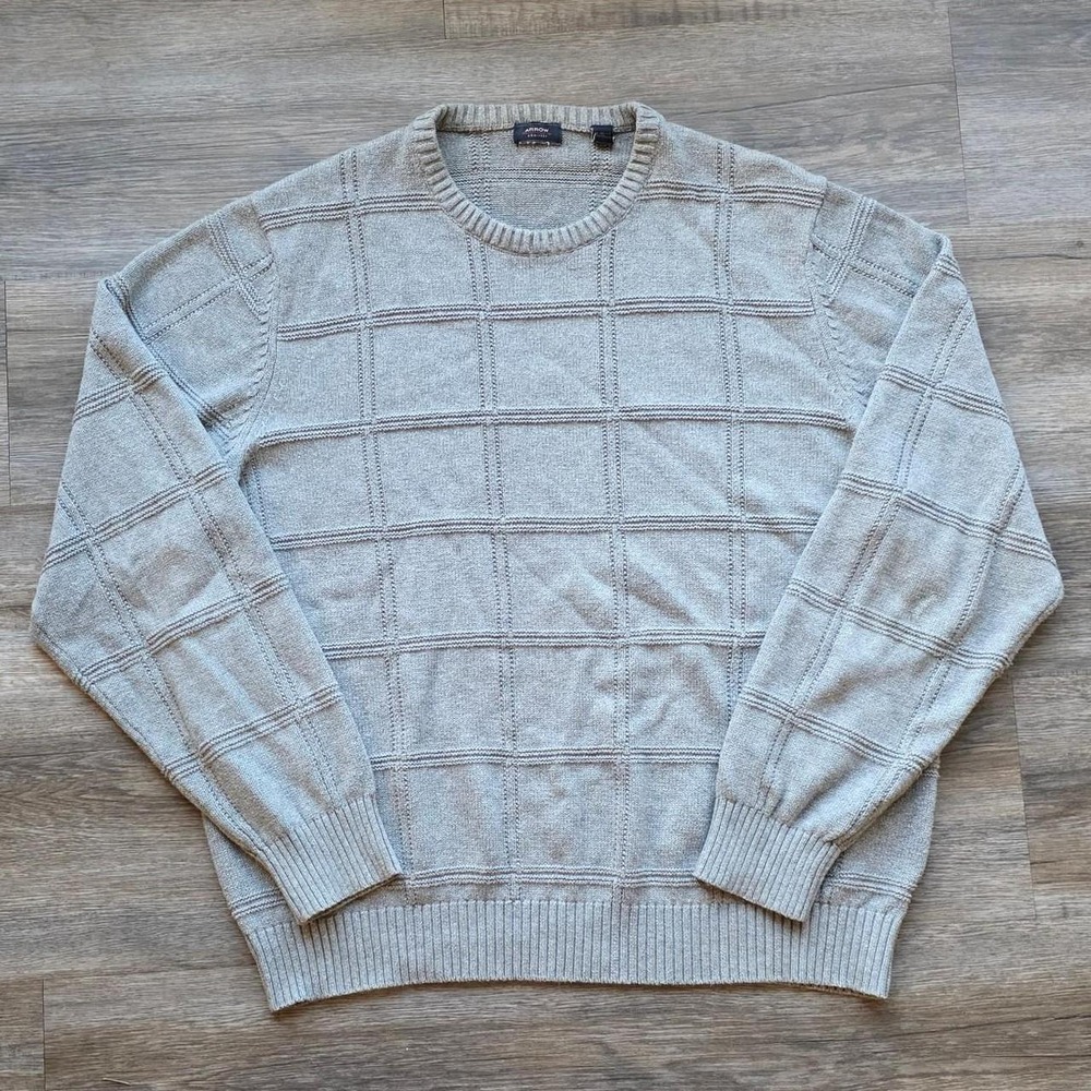 Arrow USA 1851 Vintage 90s Grey Grid Knit Crewneck Sweater Mens XL